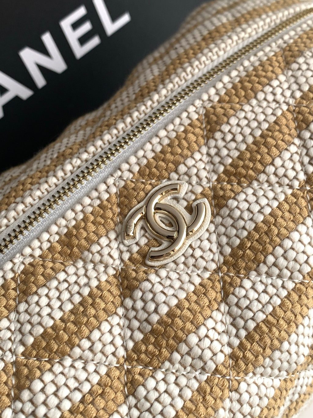 Chanel Small Striped Raffia O-Case Pouch Bag Beige and Gold with Gold Hardware (26C)