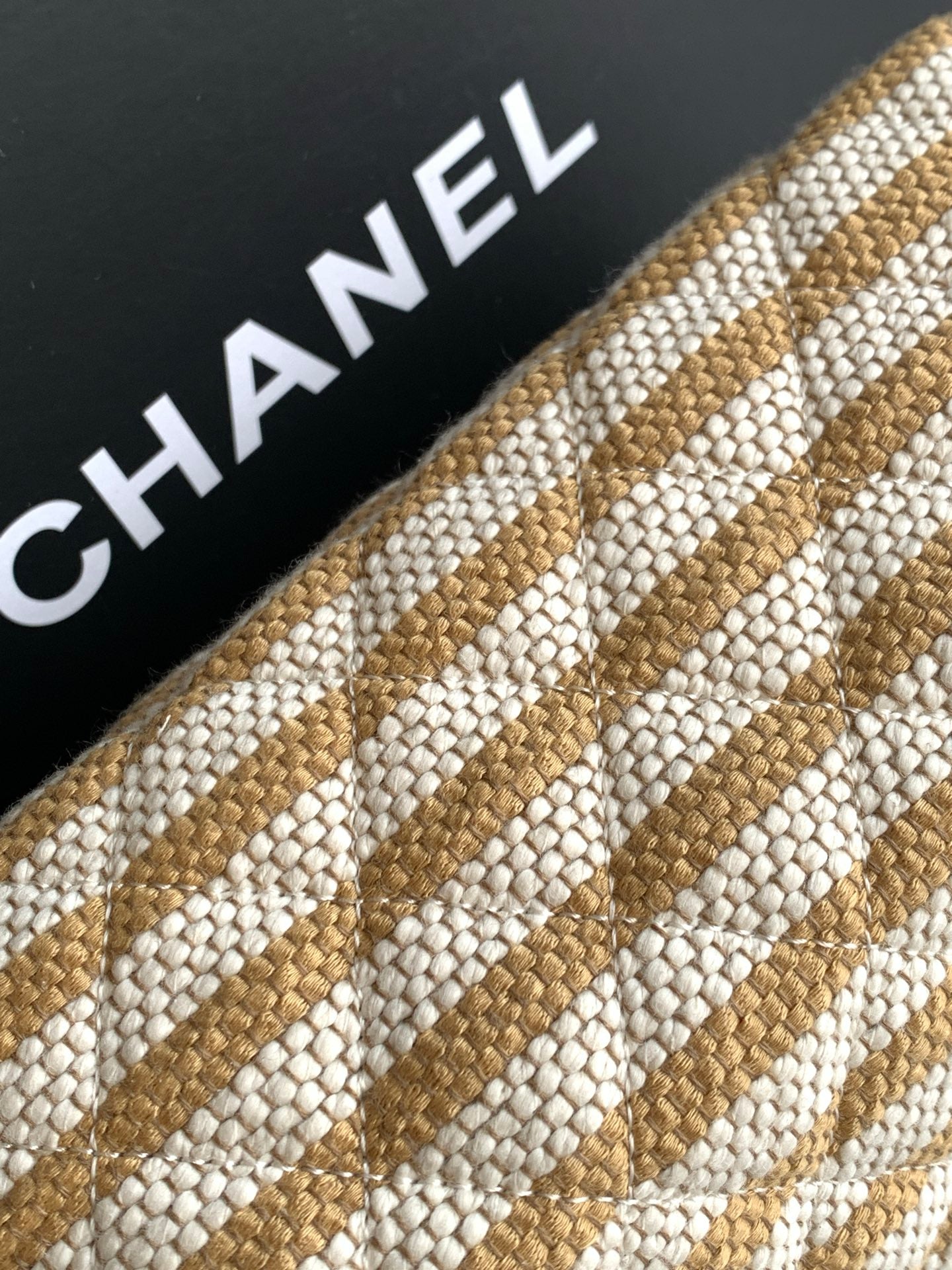 Chanel Small Striped Raffia O-Case Pouch Bag Beige and Gold with Gold Hardware (26C)