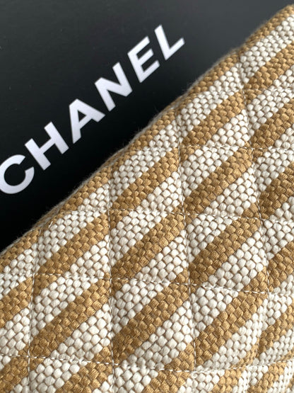 Chanel Small Striped Raffia O-Case Pouch Bag Beige and Gold with Gold Hardware (26C)