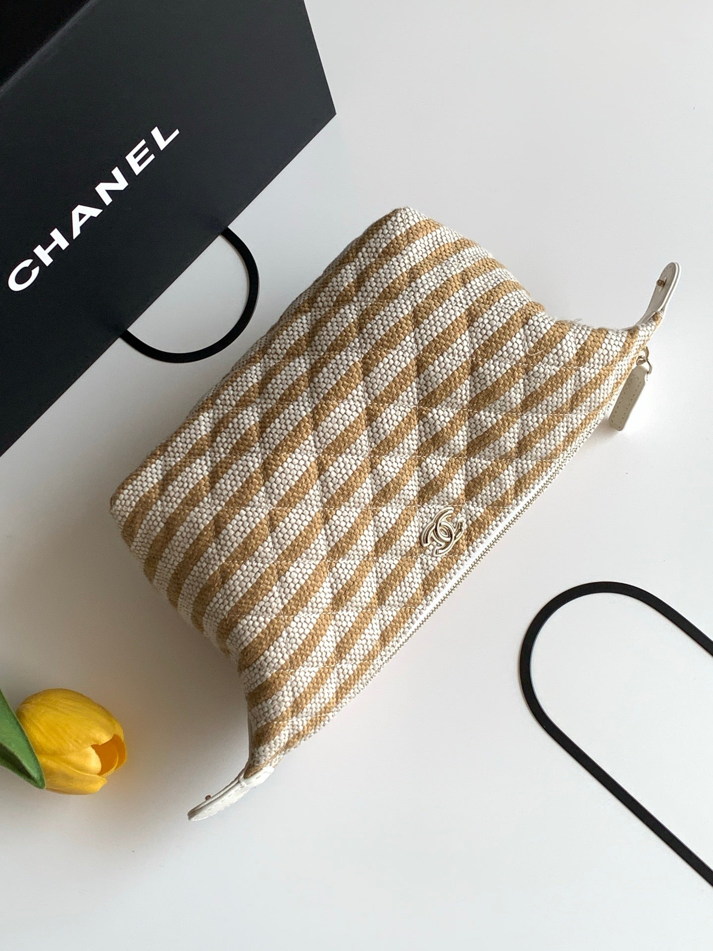 Chanel Small Striped Raffia O-Case Pouch Bag Beige and Gold with Gold Hardware (26C)