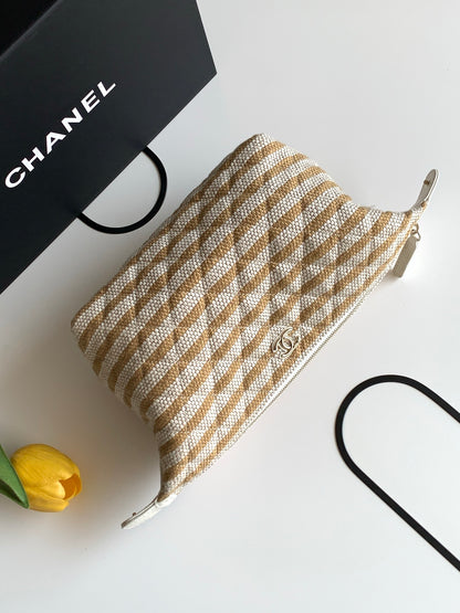 Chanel Small Striped Raffia O-Case Pouch Bag Beige and Gold with Gold Hardware (26C)