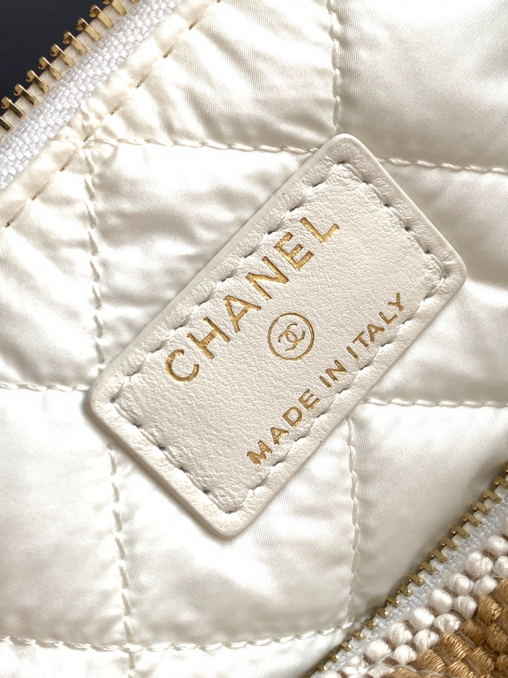 Chanel Small Striped Raffia O-Case Pouch Bag Beige and Gold with Gold Hardware (26C)