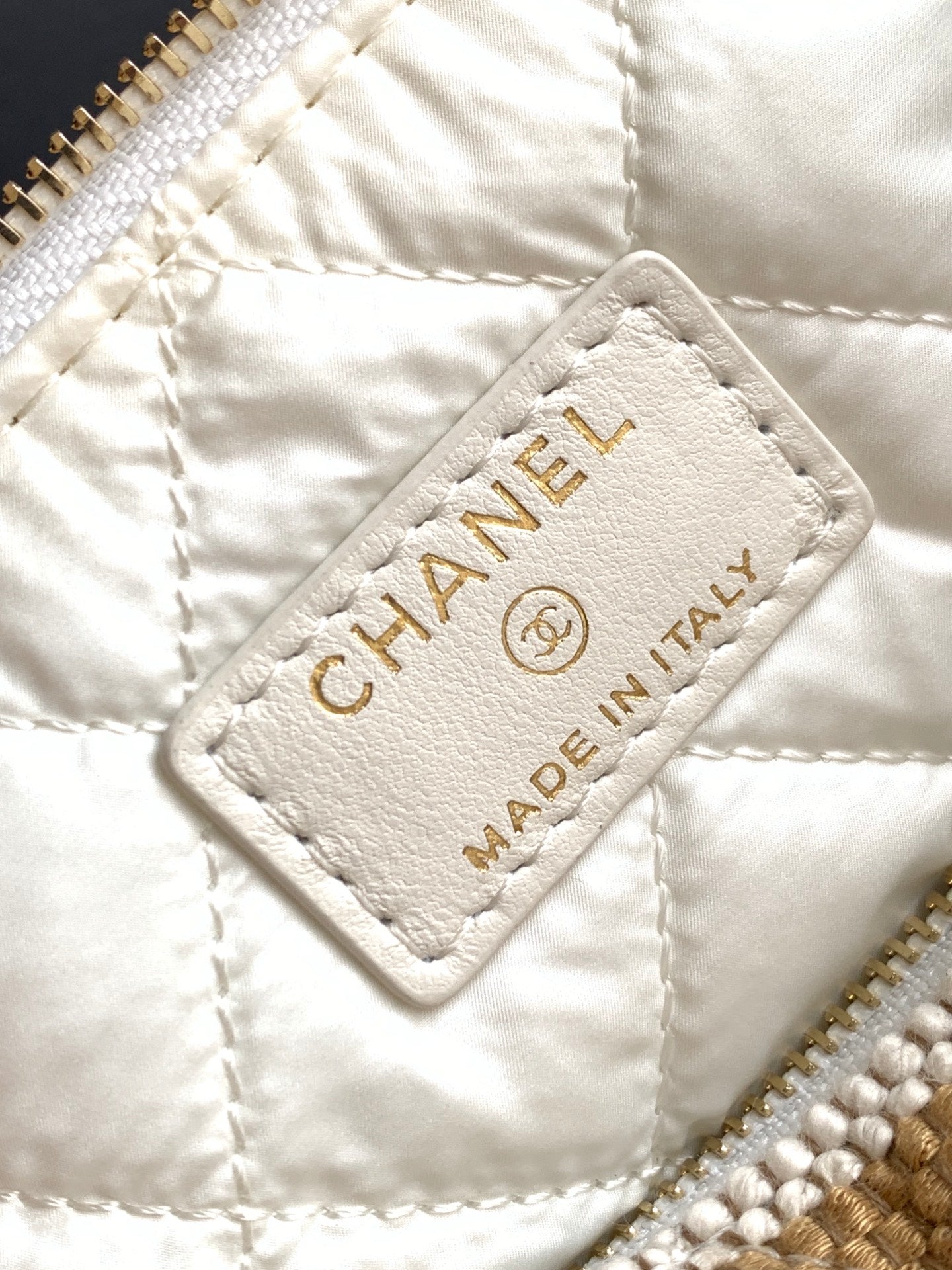 Chanel Small Striped Raffia O-Case Pouch Bag Beige and Gold with Gold Hardware (26C)