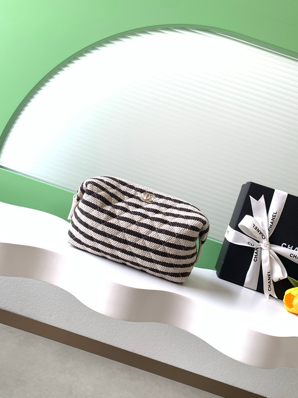 Chanel Small Striped Raffia O-Case Pouch Bag Black and Beige with Gold Hardware (26C)