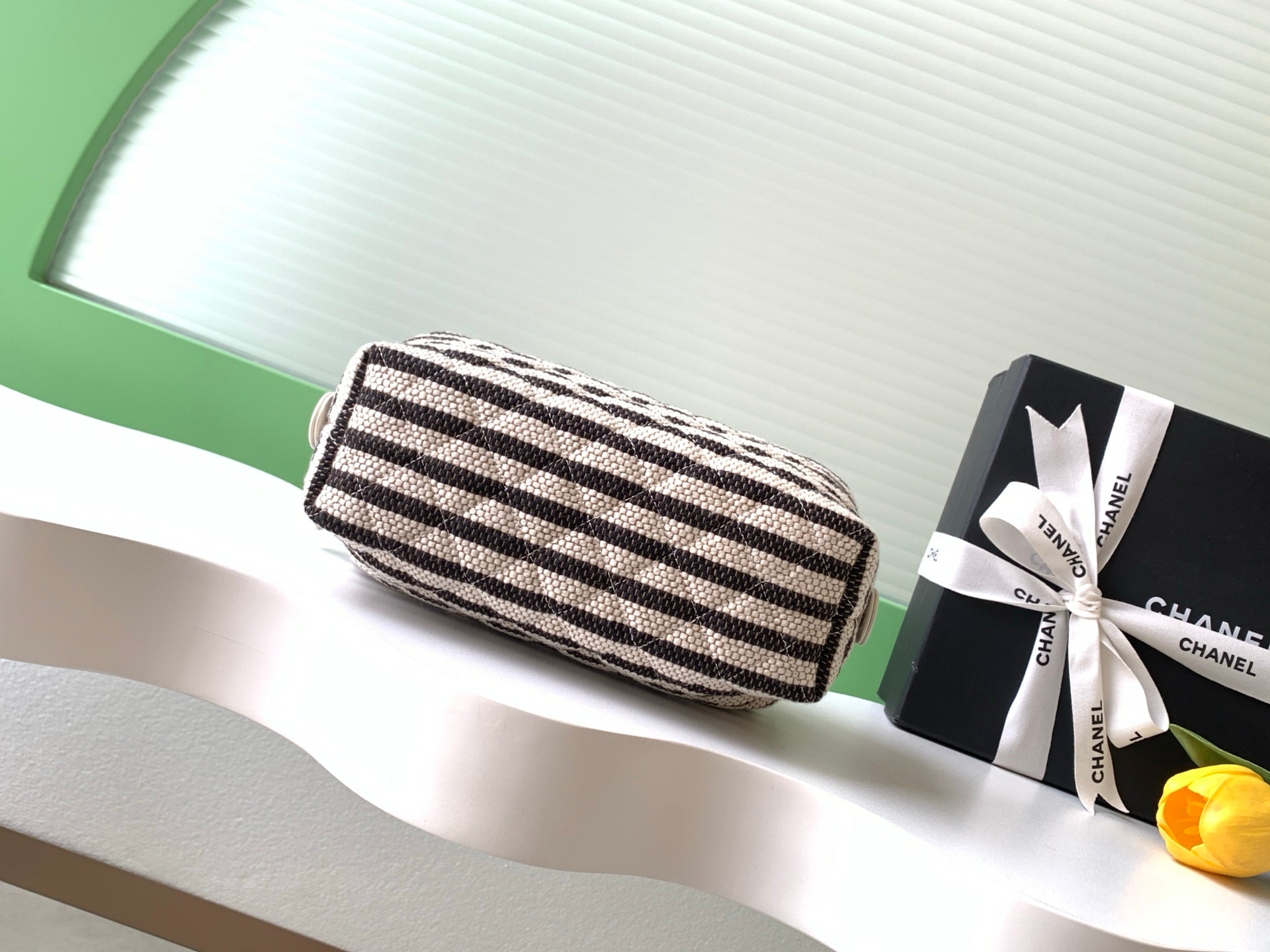 Chanel Small Striped Raffia O-Case Pouch Bag Black and Beige with Gold Hardware (26C)