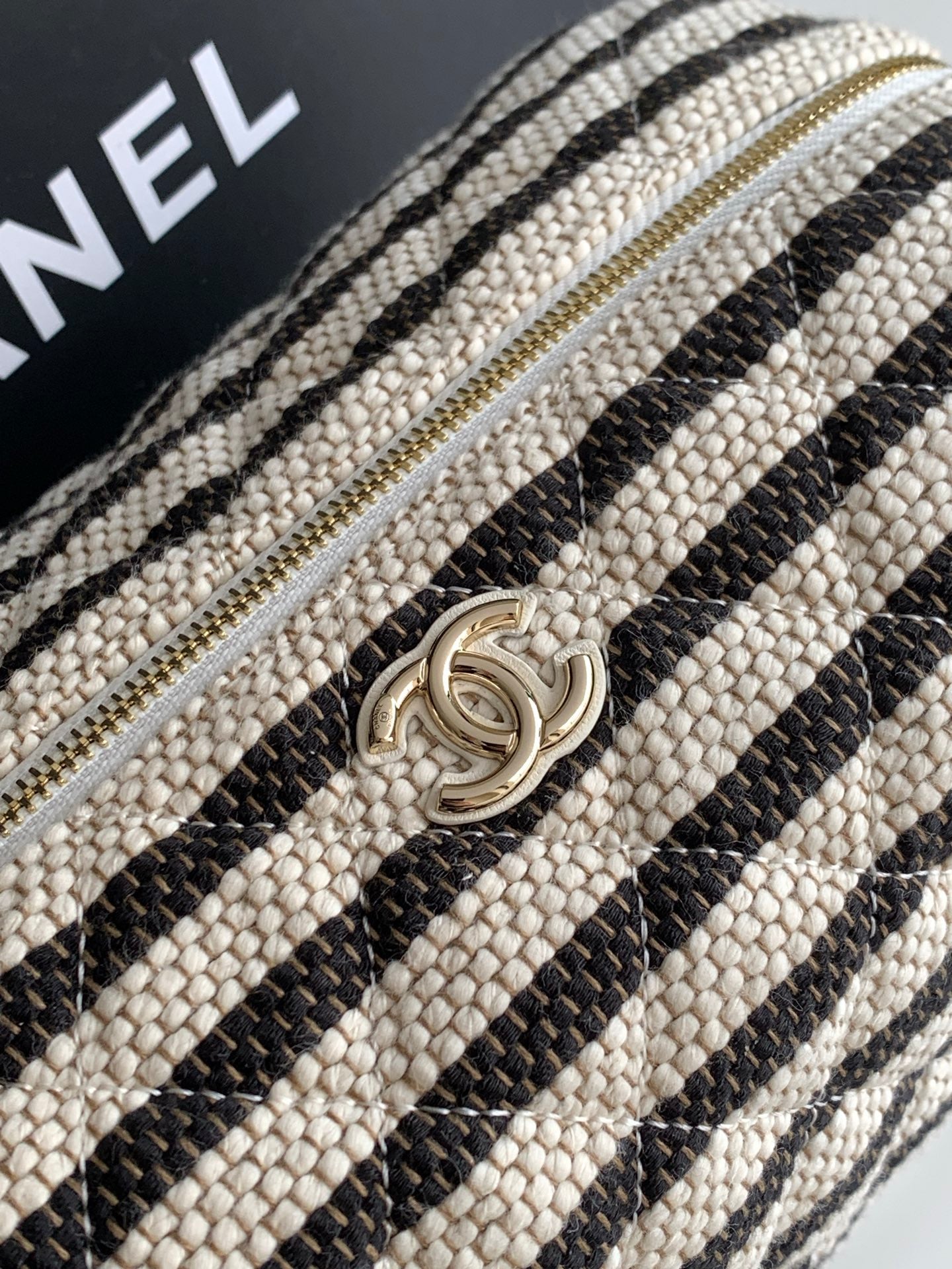 Chanel Small Striped Raffia O-Case Pouch Bag Black and Beige with Gold Hardware (26C)