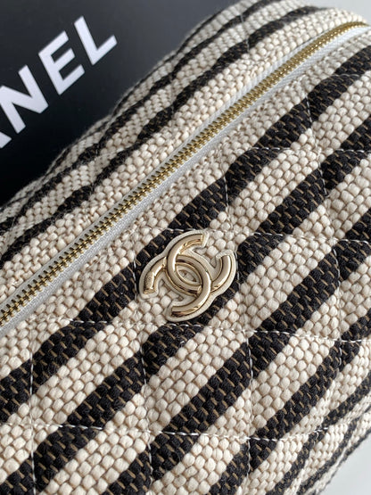 Chanel Small Striped Raffia O-Case Pouch Bag Black and Beige with Gold Hardware (26C)