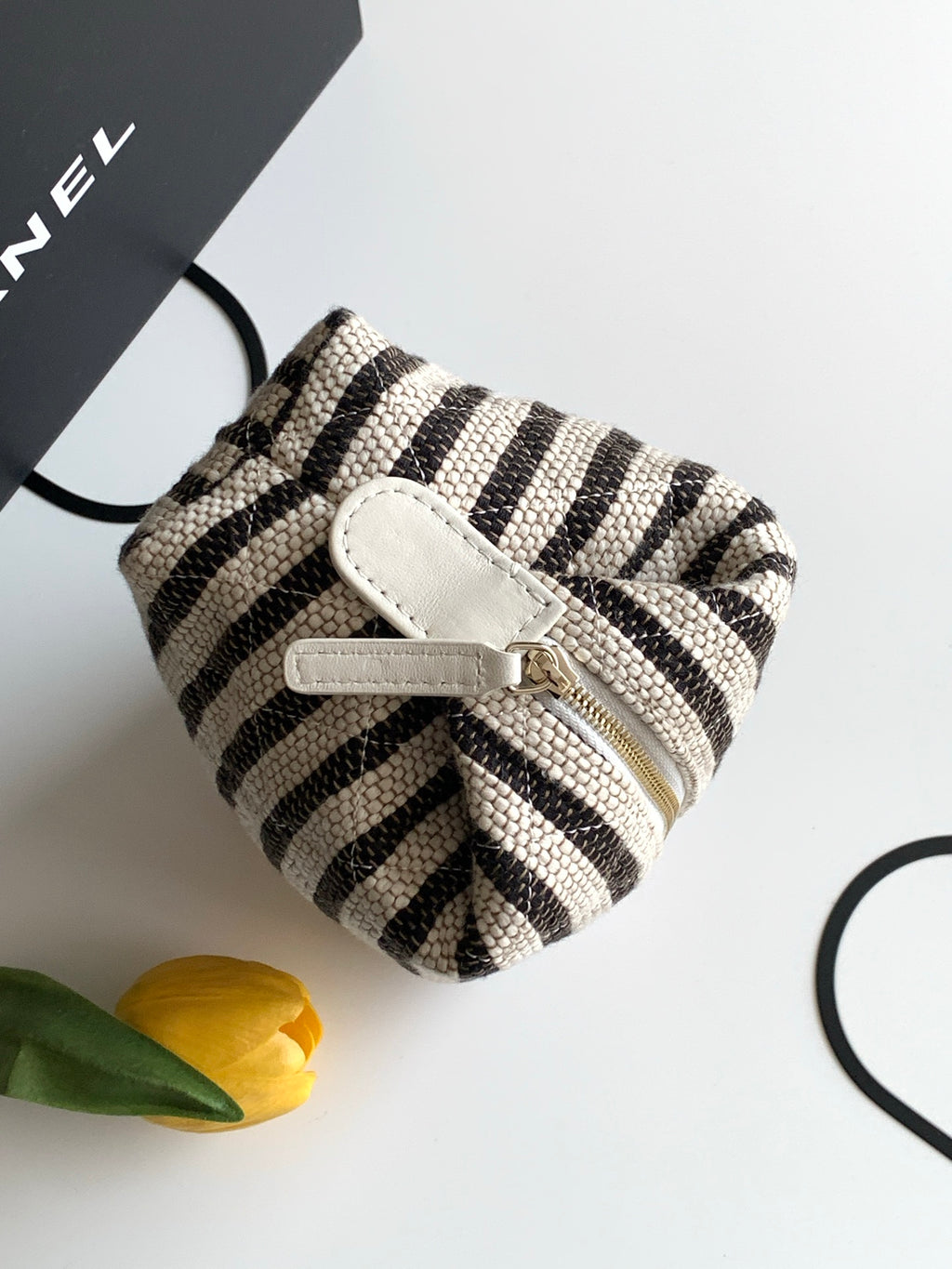 Chanel Small Striped Raffia O-Case Pouch Bag Black and Beige with Gold Hardware (26C)