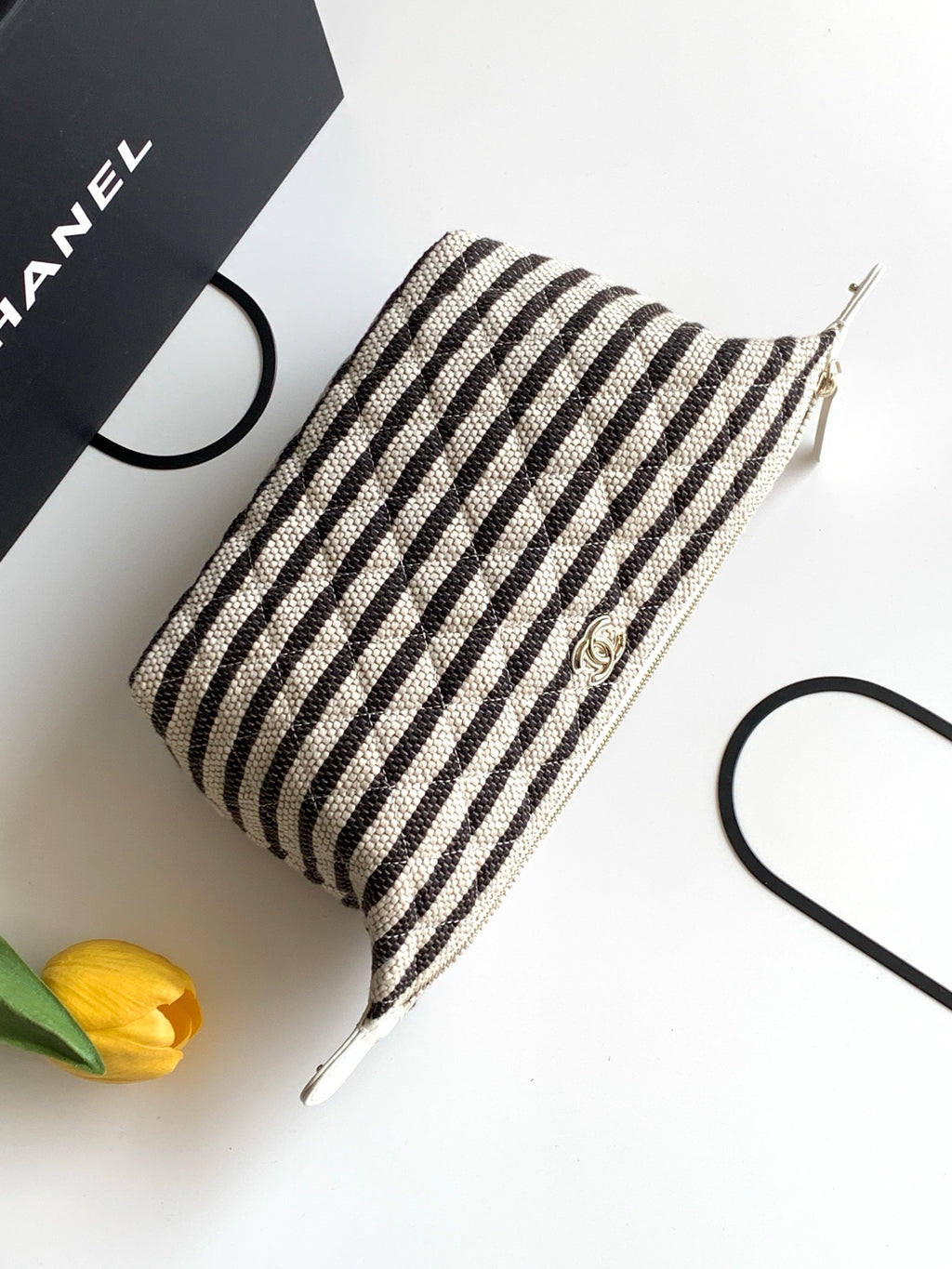 Chanel Small Striped Raffia O-Case Pouch Bag Black and Beige with Gold Hardware (26C)
