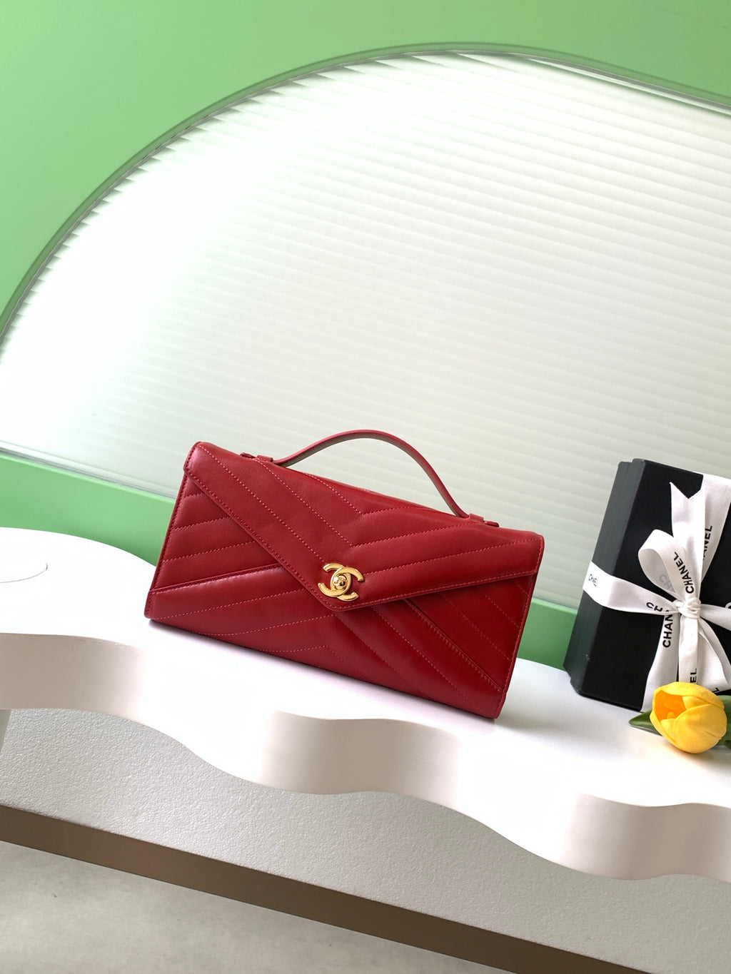 Chanel East-West Envelope Flap Bag V-Stitch Lambskin Red with Gold Hardware (26X Holiday Edition)