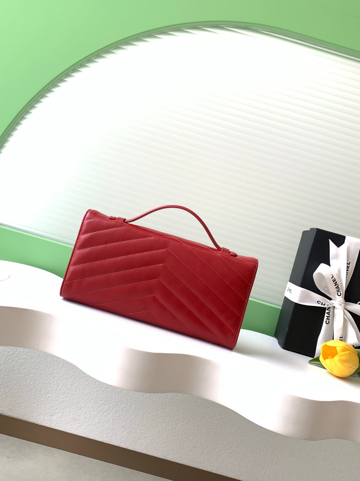 Chanel East-West Envelope Flap Bag V-Stitch Lambskin Red with Gold Hardware (26X Holiday Edition)