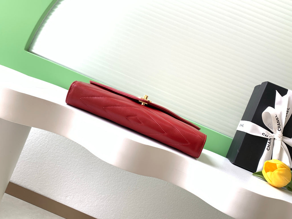 Chanel East-West Envelope Flap Bag V-Stitch Lambskin Red with Gold Hardware (26X Holiday Edition)