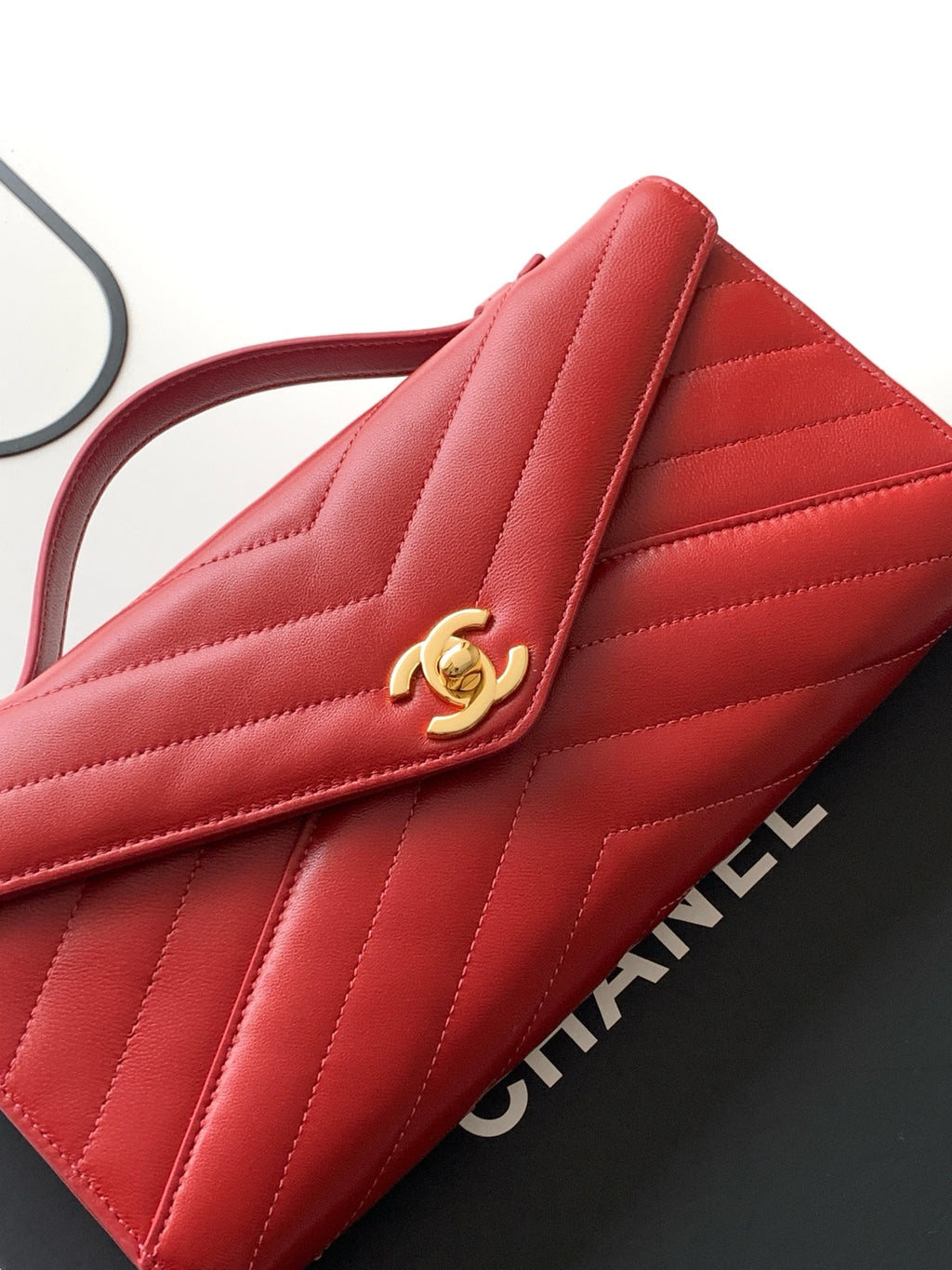 Chanel East-West Envelope Flap Bag V-Stitch Lambskin Red with Gold Hardware (26X Holiday Edition)
