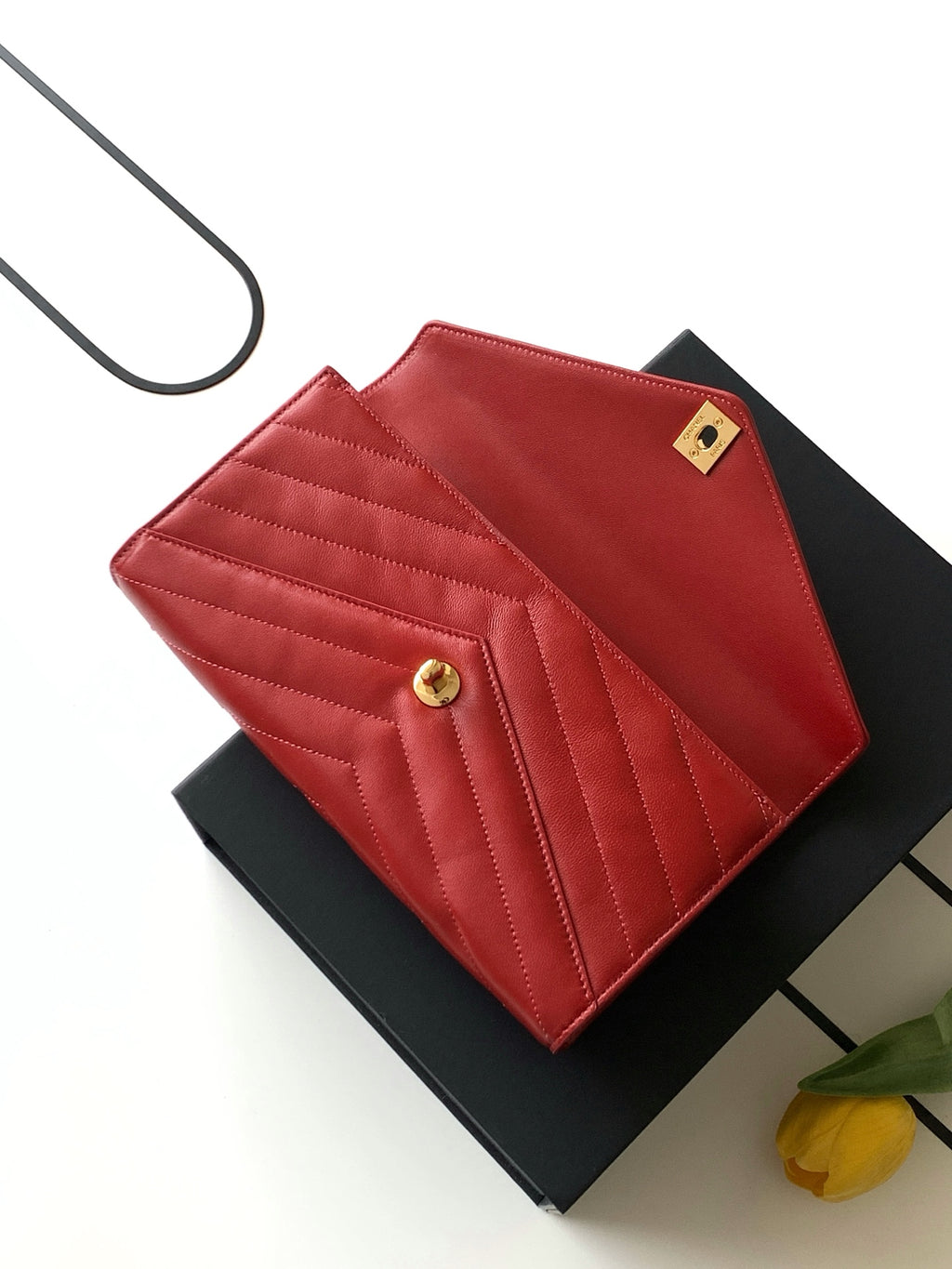 Chanel East-West Envelope Flap Bag V-Stitch Lambskin Red with Gold Hardware (26X Holiday Edition)