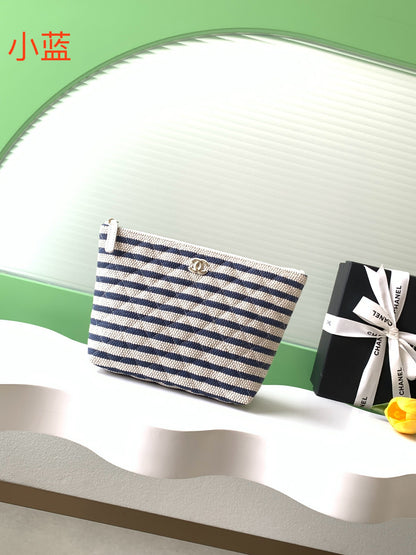 Chanel Small Woven Raffia Striped O-Case Pouch Bag Navy and White (26C)