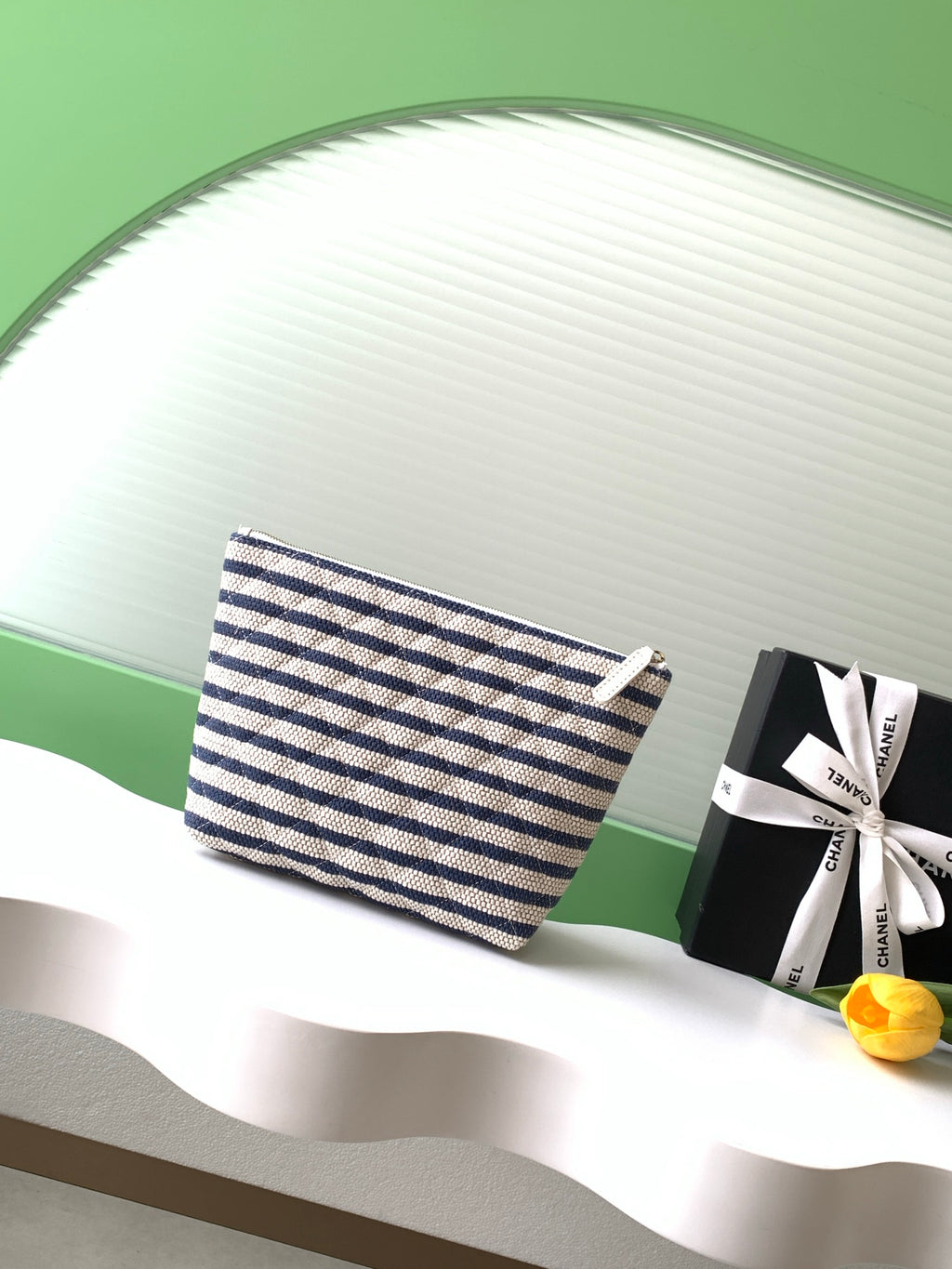 Chanel Small Woven Raffia Striped O-Case Pouch Bag Navy and White (26C)