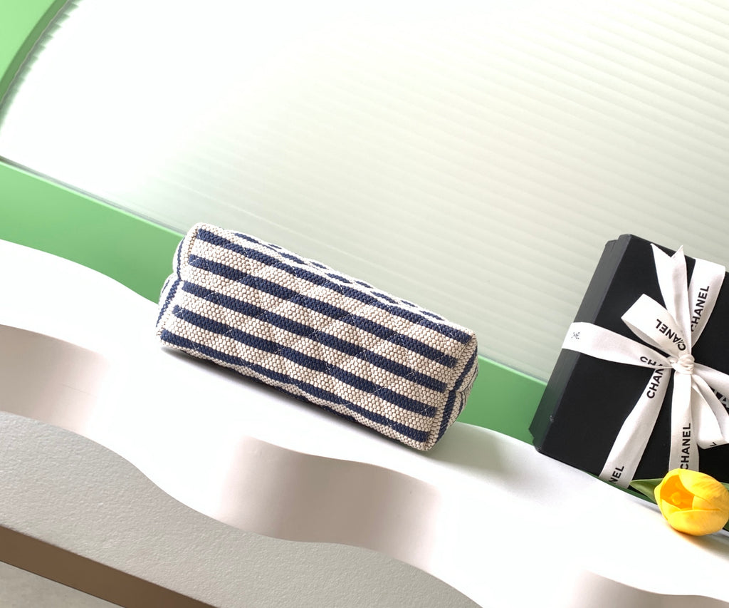 Chanel Small Woven Raffia Striped O-Case Pouch Bag Navy and White (26C)