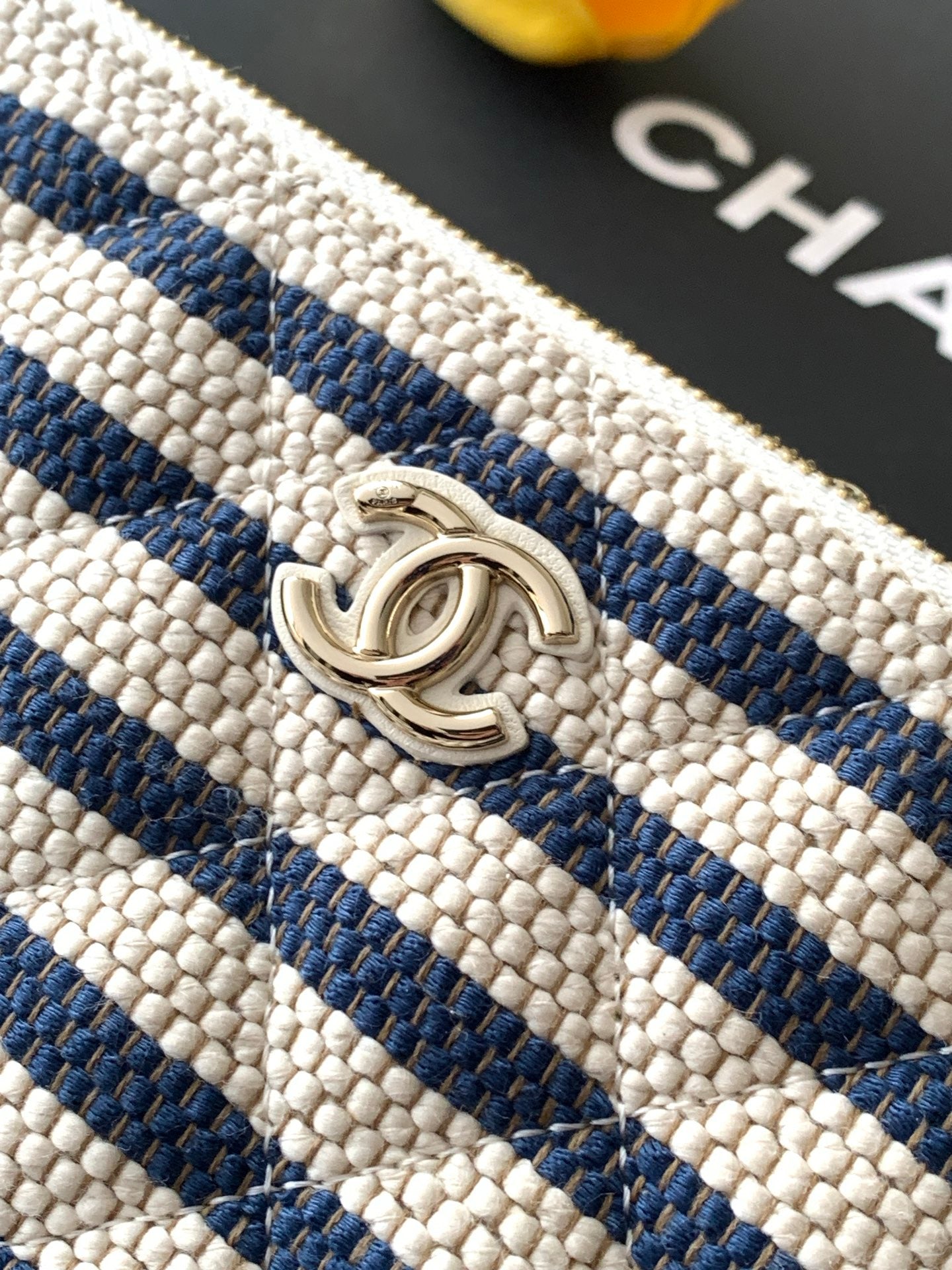 Chanel Small Woven Raffia Striped O-Case Pouch Bag Navy and White (26C)