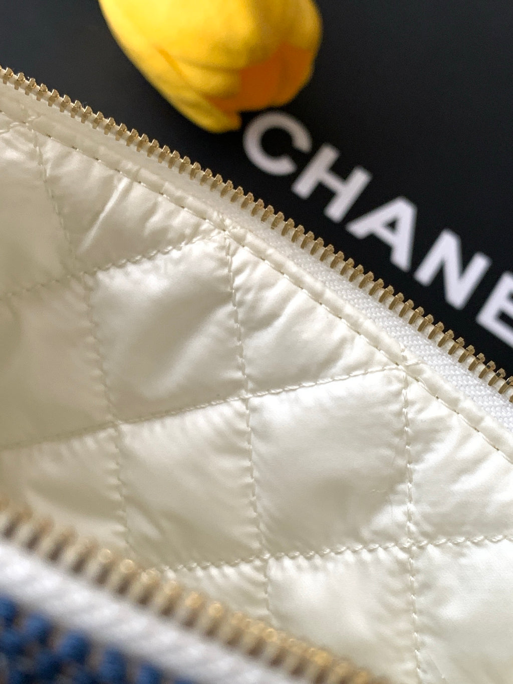 Chanel Small Woven Raffia Striped O-Case Pouch Bag Navy and White (26C)