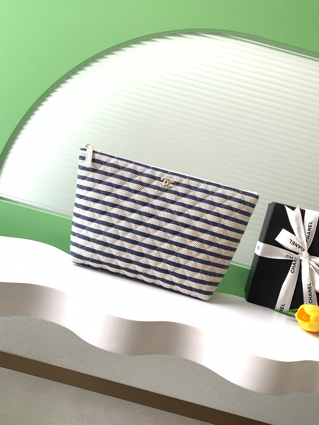 Chanel Large Woven Raffia Striped O-Case Pouch Bag Navy and White (26C)
