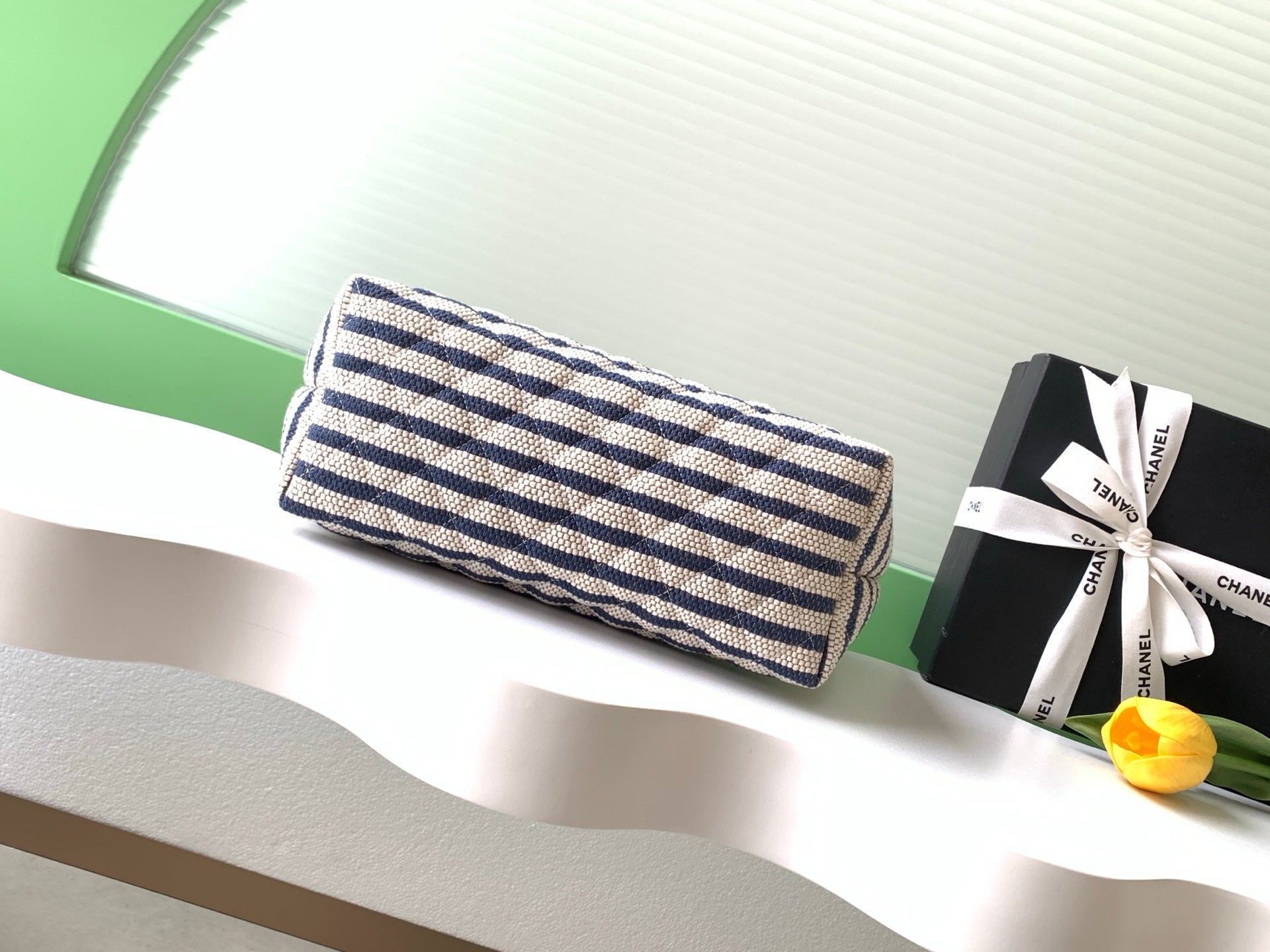 Chanel Large Woven Raffia Striped O-Case Pouch Bag Navy and White (26C)