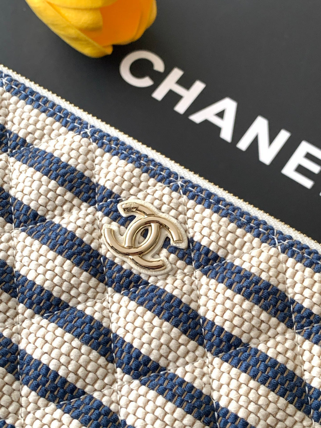Chanel Large Woven Raffia Striped O-Case Pouch Bag Navy and White (26C)