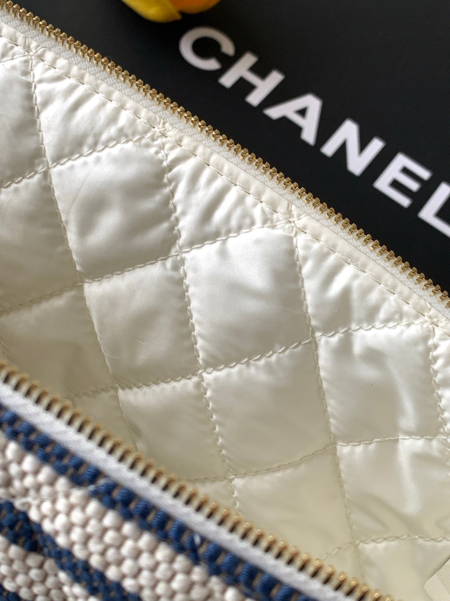 Chanel Large Woven Raffia Striped O-Case Pouch Bag Navy and White (26C)