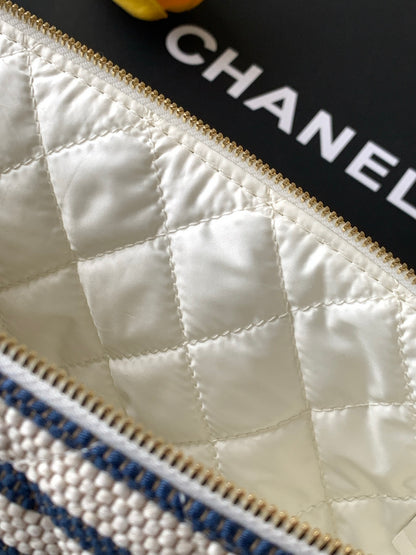 Chanel Large Woven Raffia Striped O-Case Pouch Bag Navy and White (26C)