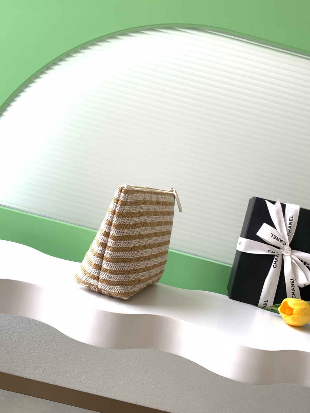 Chanel Small Woven Raffia Striped O-Case Pouch Bag Beige and White (26C)