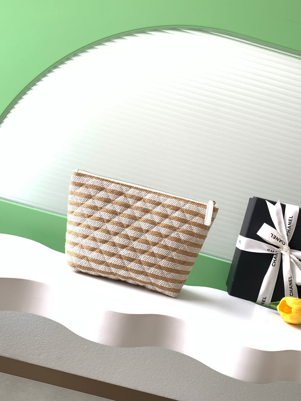 Chanel Small Woven Raffia Striped O-Case Pouch Bag Beige and White (26C)