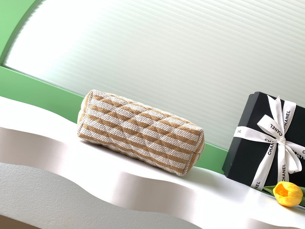 Chanel Small Woven Raffia Striped O-Case Pouch Bag Beige and White (26C)
