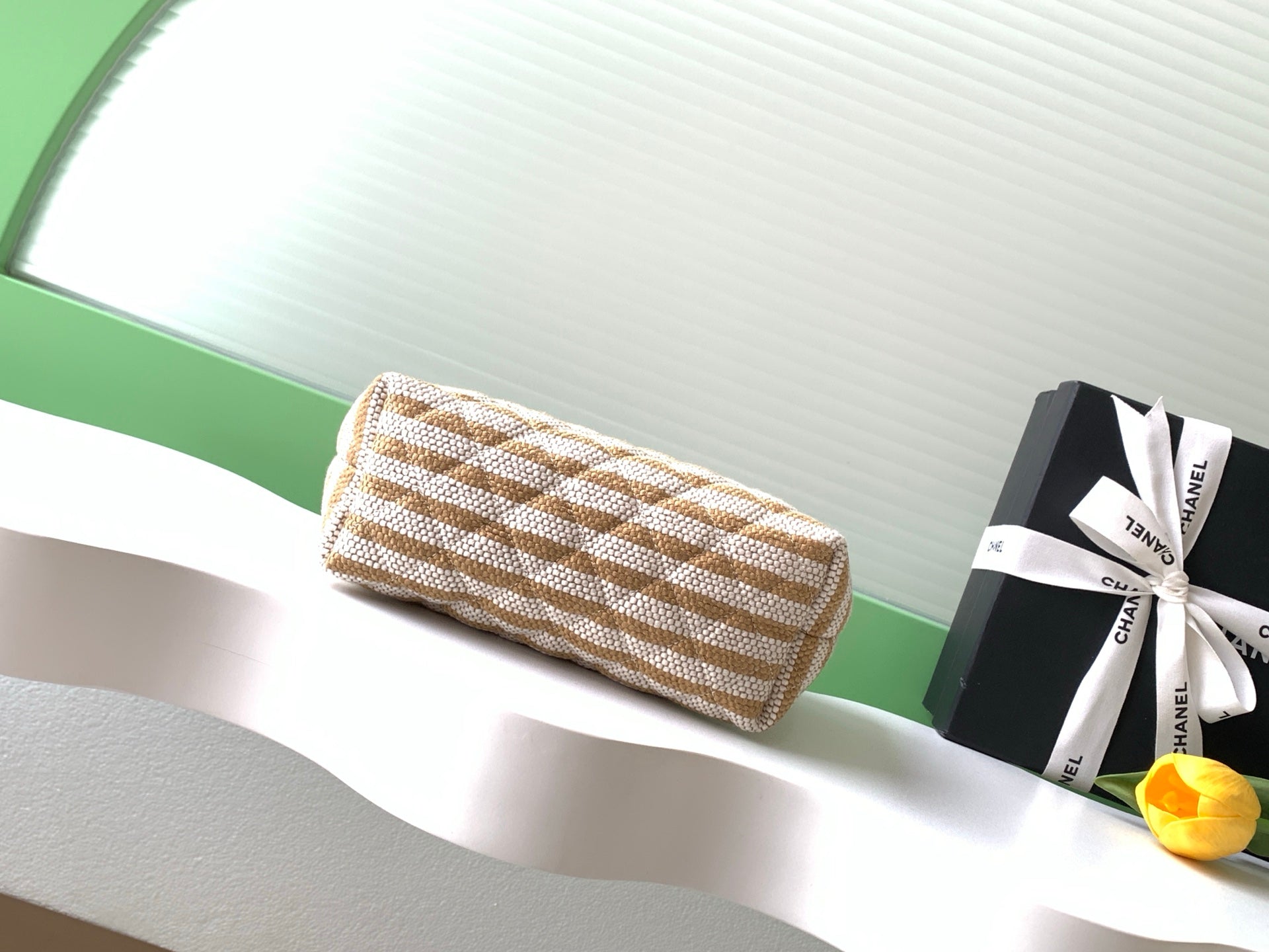 Chanel Small Woven Raffia Striped O-Case Pouch Bag Beige and White (26C)
