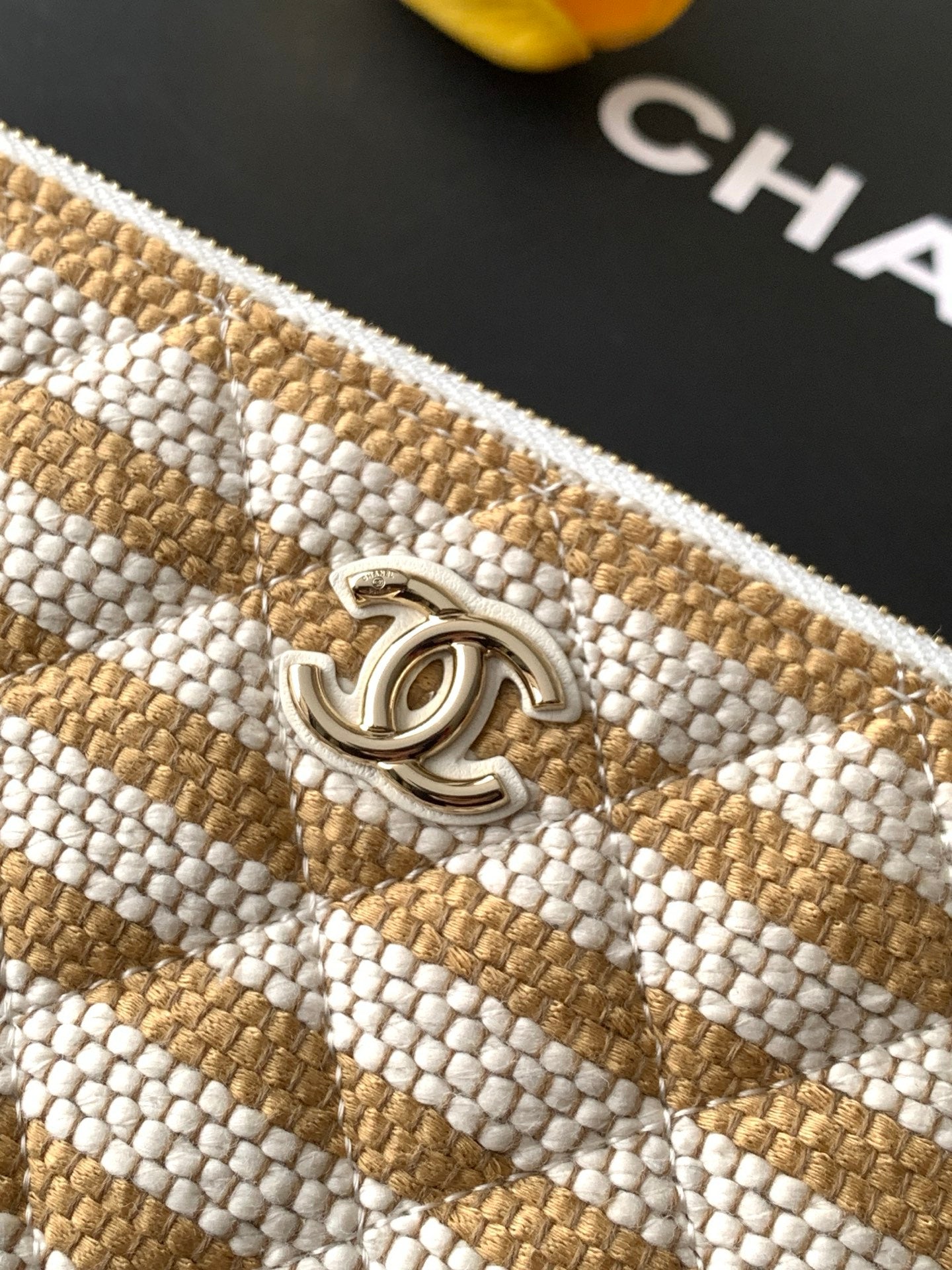 Chanel Small Woven Raffia Striped O-Case Pouch Bag Beige and White (26C)