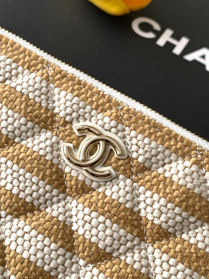 Chanel Small Woven Raffia Striped O-Case Pouch Bag Beige and White (26C)