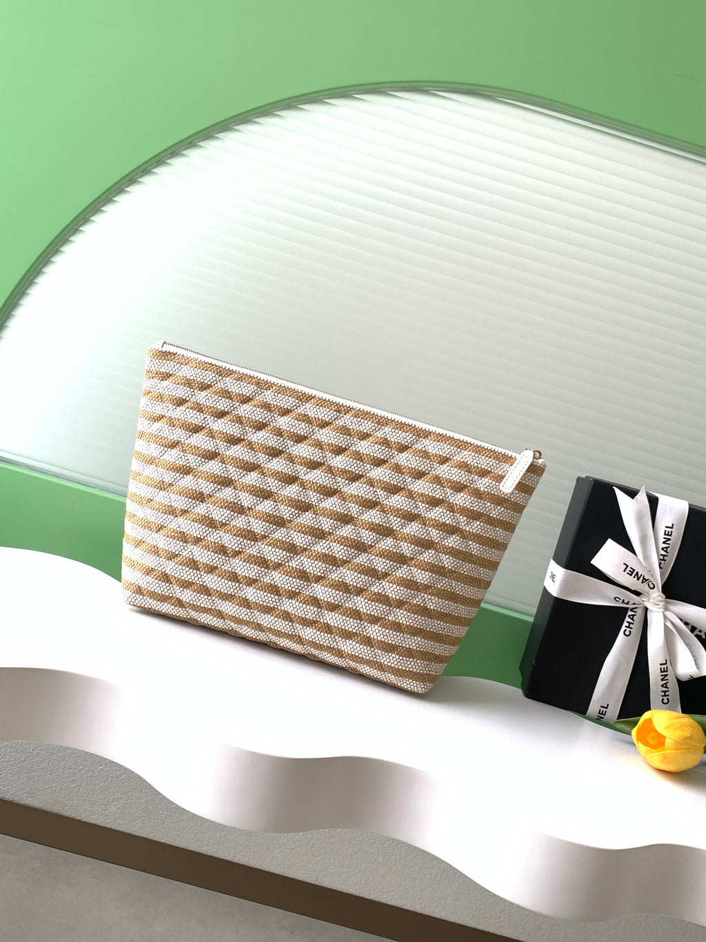 Chanel Large Woven Raffia Striped O-Case Pouch Bag Beige and White (26C)