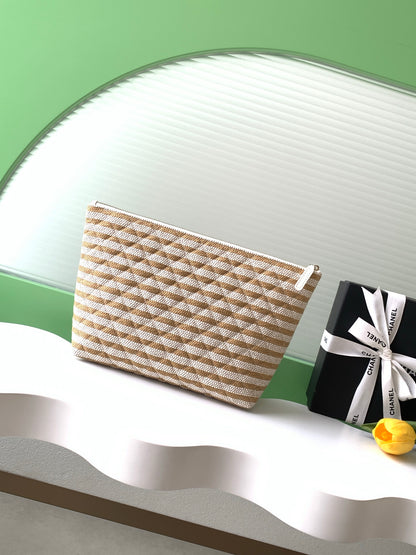 Chanel Large Woven Raffia Striped O-Case Pouch Bag Beige and White (26C)