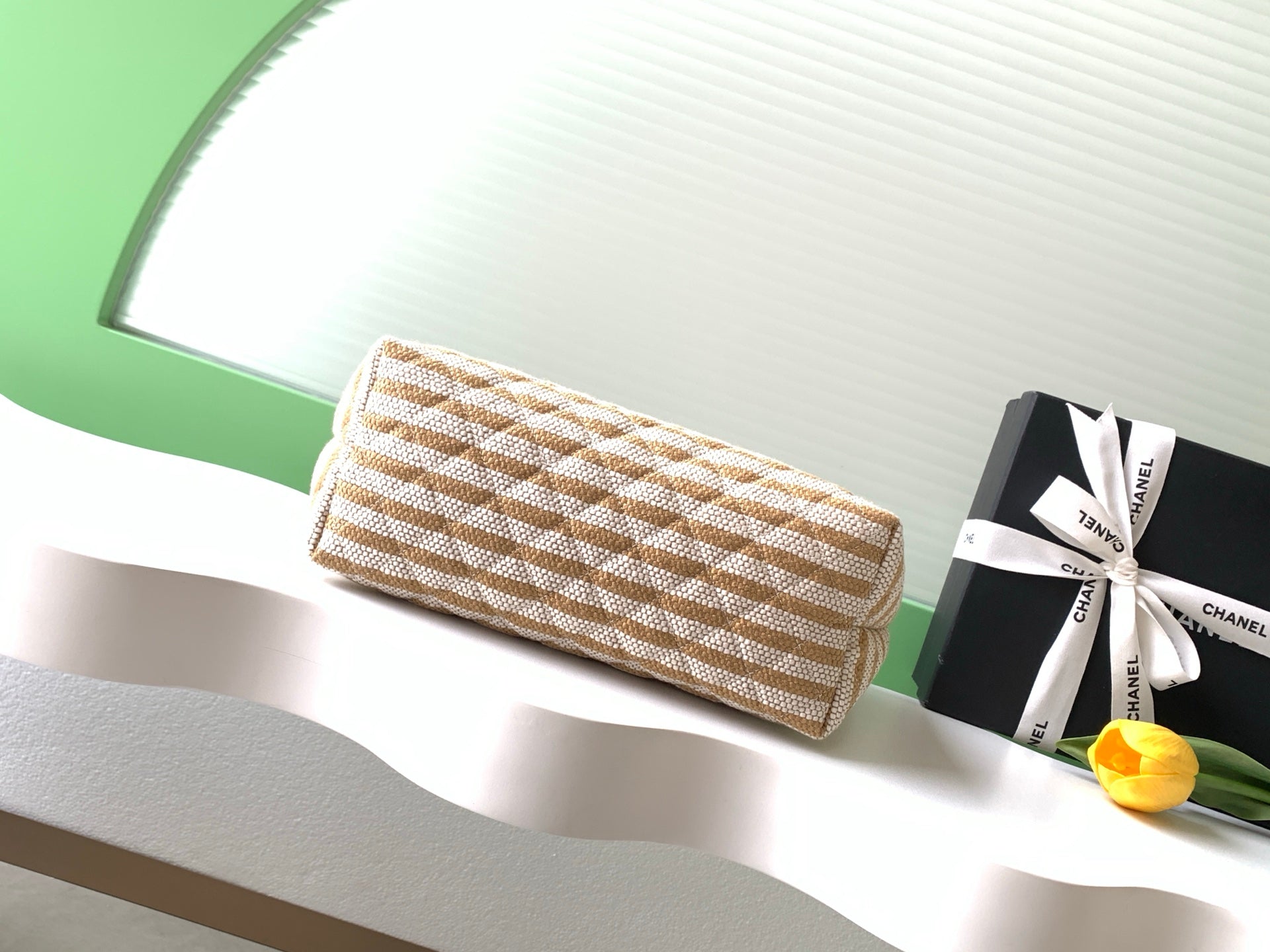 Chanel Large Woven Raffia Striped O-Case Pouch Bag Beige and White (26C)