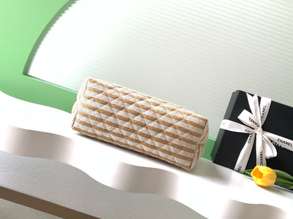 Chanel Large Woven Raffia Striped O-Case Pouch Bag Beige and White (26C)