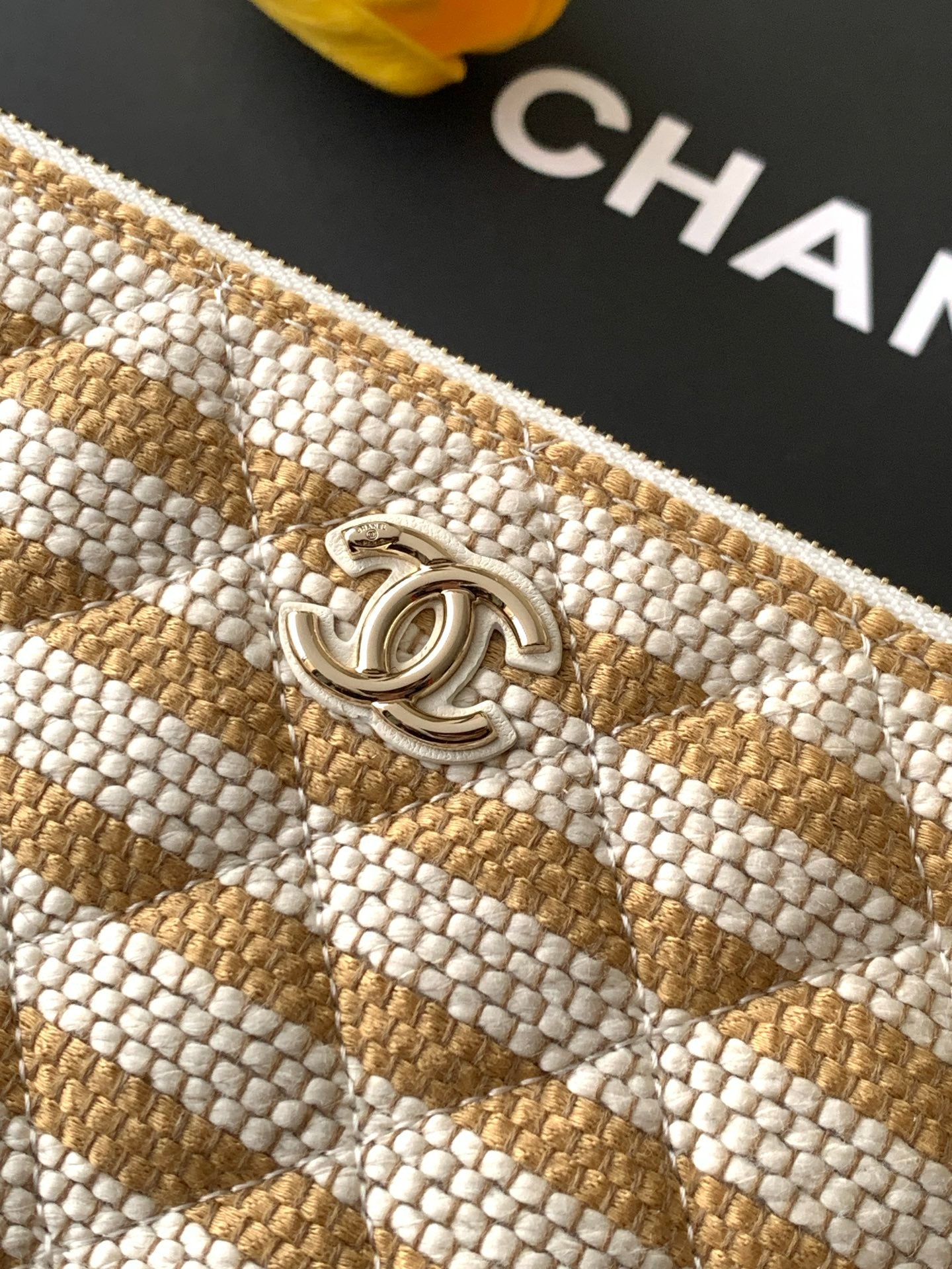 Chanel Large Woven Raffia Striped O-Case Pouch Bag Beige and White (26C)