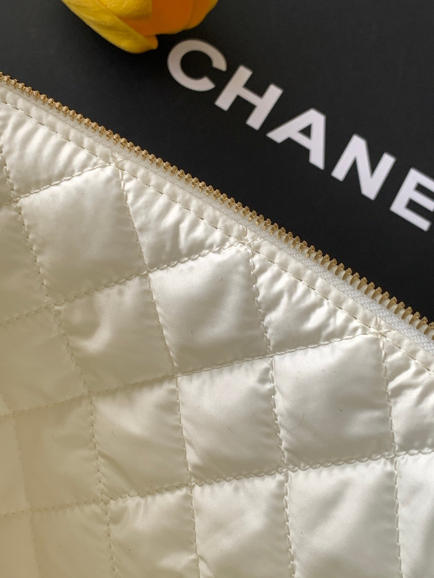 Chanel Large Woven Raffia Striped O-Case Pouch Bag Beige and White (26C)