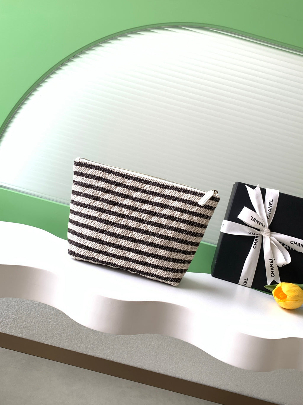 Chanel Small Woven Raffia Striped O-Case Pouch Bag Black and White (26C)