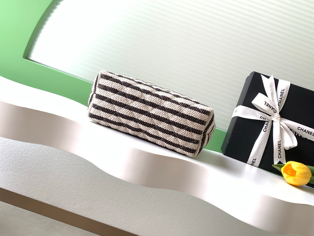 Chanel Small Woven Raffia Striped O-Case Pouch Bag Black and White (26C)