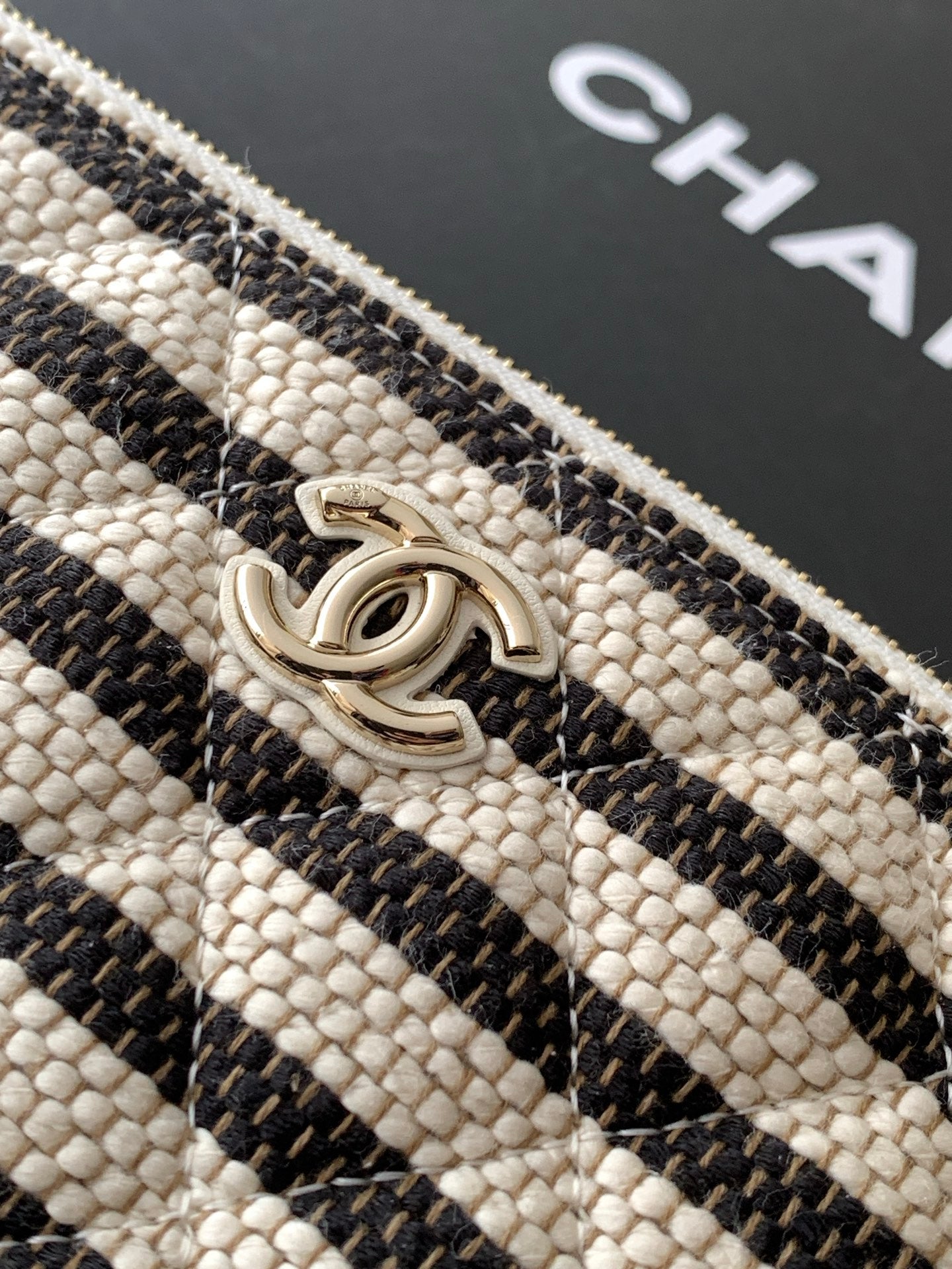 Chanel Small Woven Raffia Striped O-Case Pouch Bag Black and White (26C)
