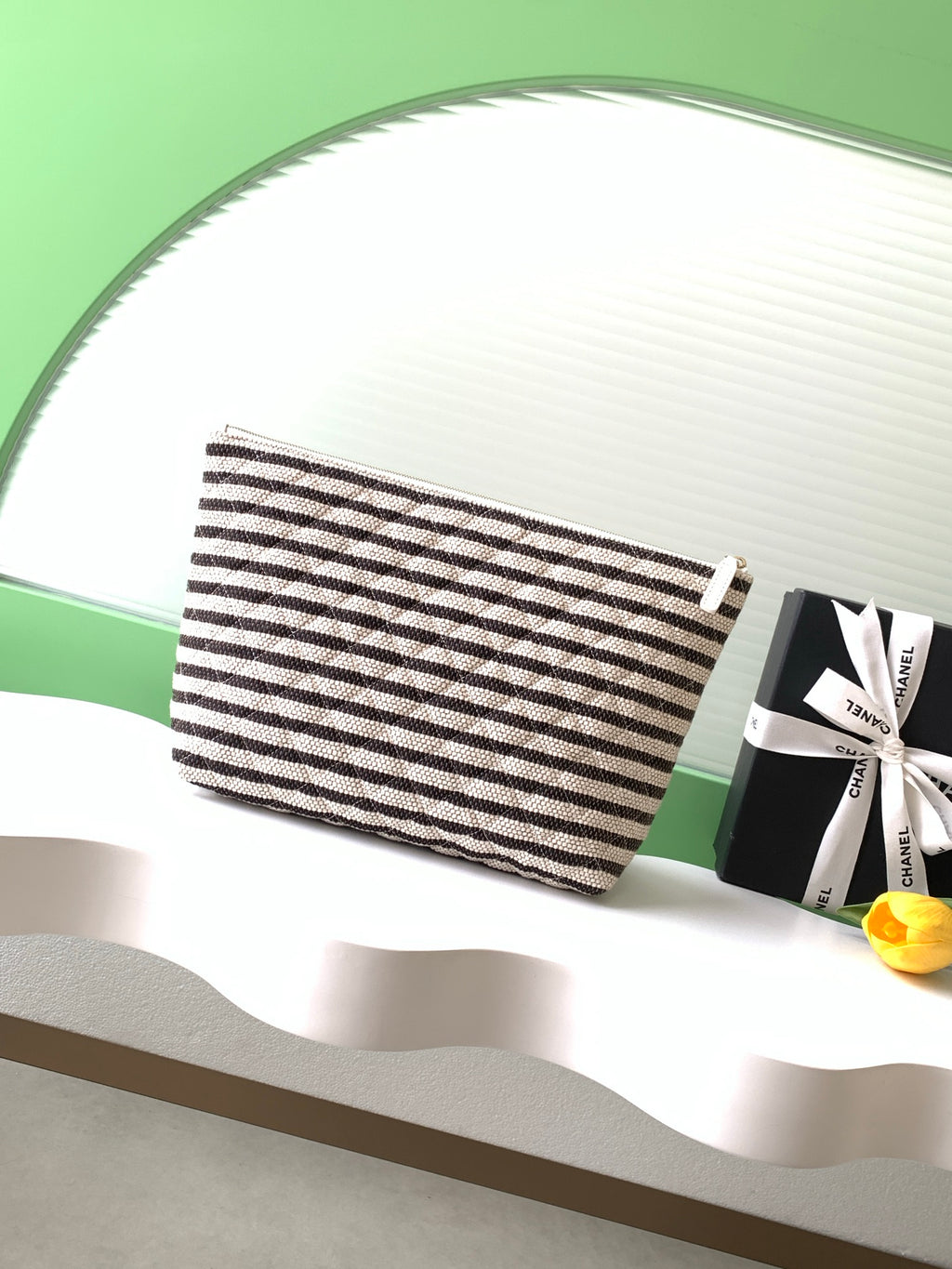 Chanel Large Woven Raffia Striped O-Case Pouch Bag Black and White (26C)