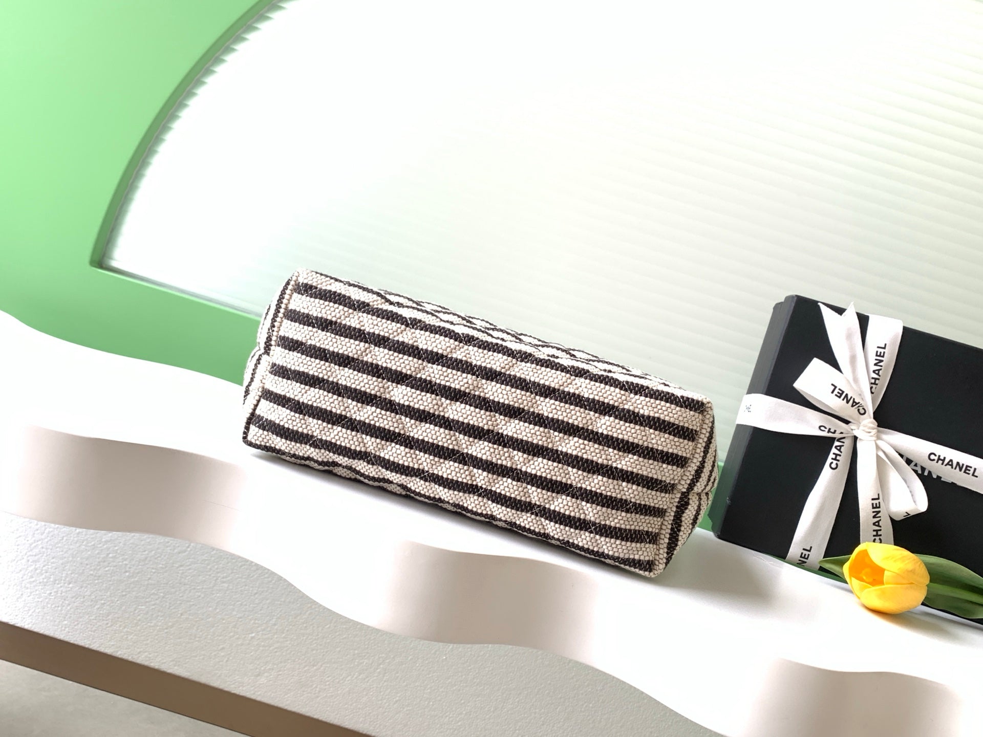 Chanel Large Woven Raffia Striped O-Case Pouch Bag Black and White (26C)