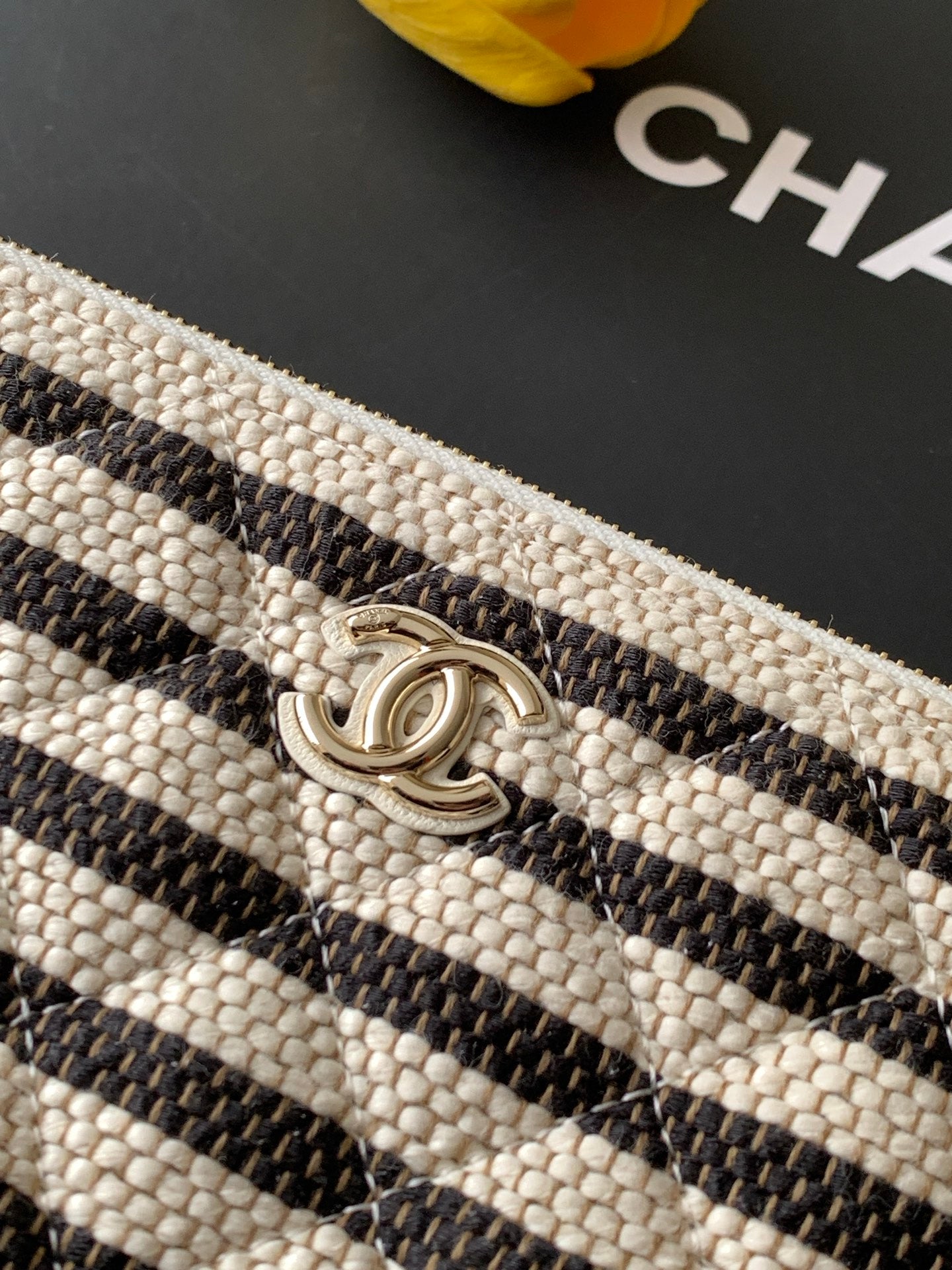 Chanel Large Woven Raffia Striped O-Case Pouch Bag Black and White (26C)
