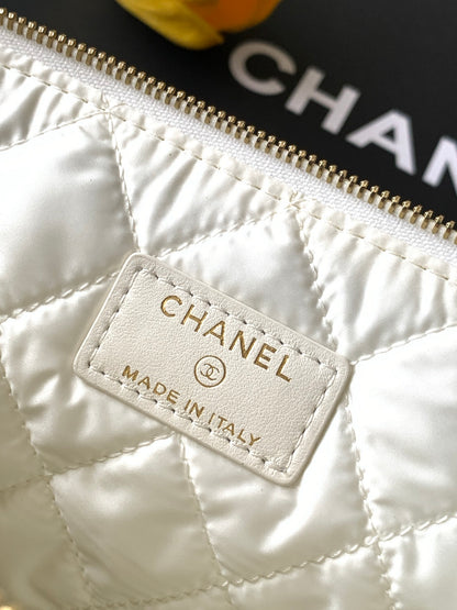 Chanel Large Woven Raffia Striped O-Case Pouch Bag Black and White (26C)