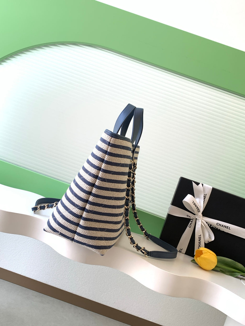 Chanel Small Striped Woven Deauville Shopping Tote Bag Navy and White (26C)