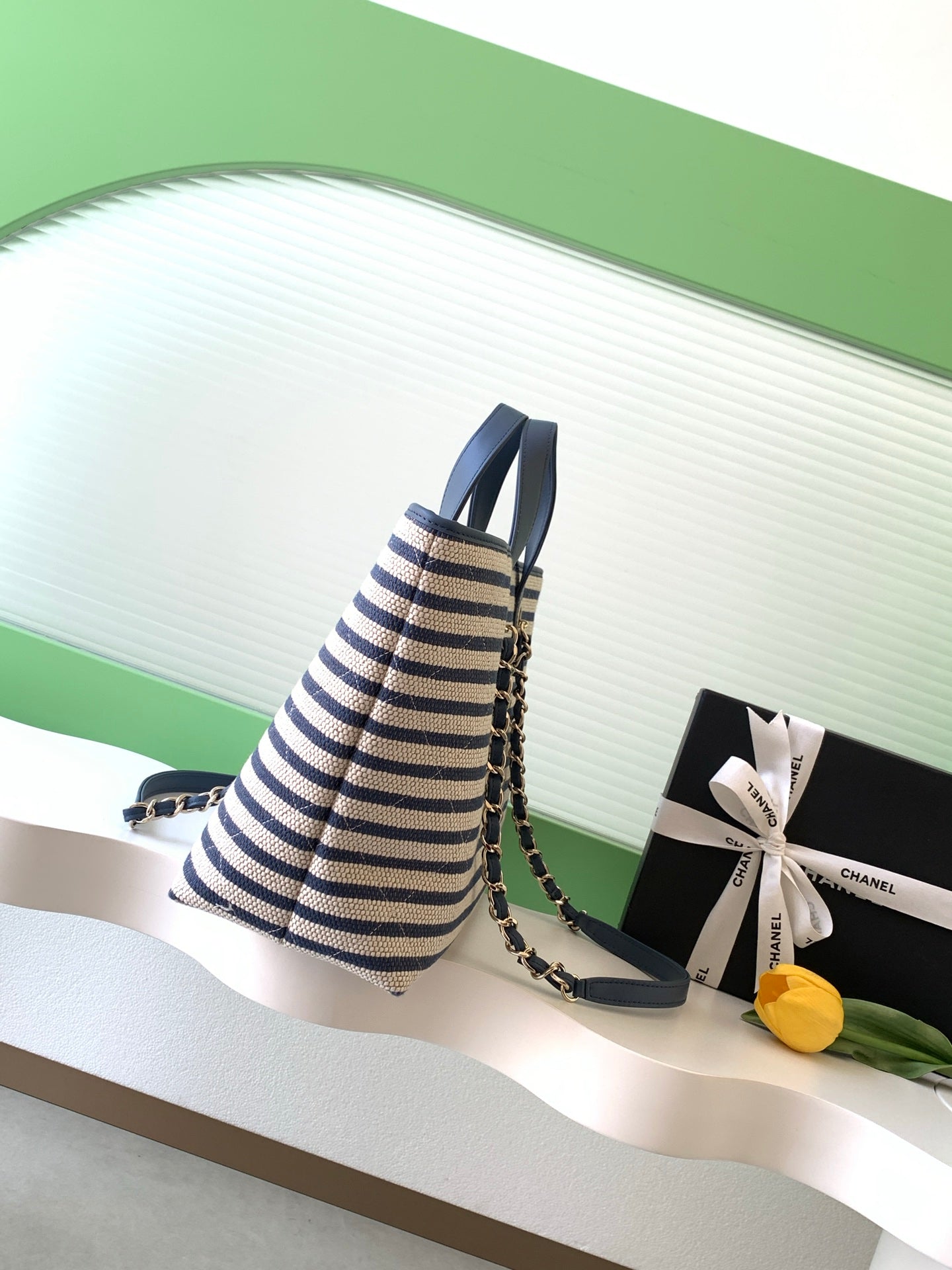 Chanel Small Striped Woven Deauville Shopping Tote Bag Navy and White (26C)
