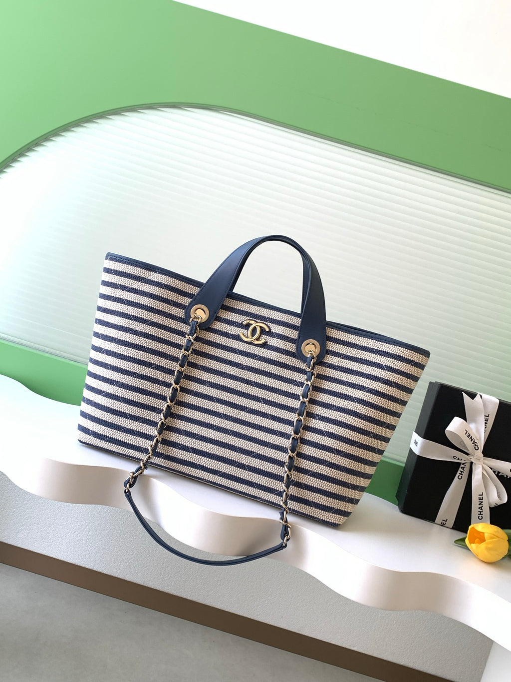 Chanel Small Striped Woven Deauville Shopping Tote Bag Navy and White (26C)